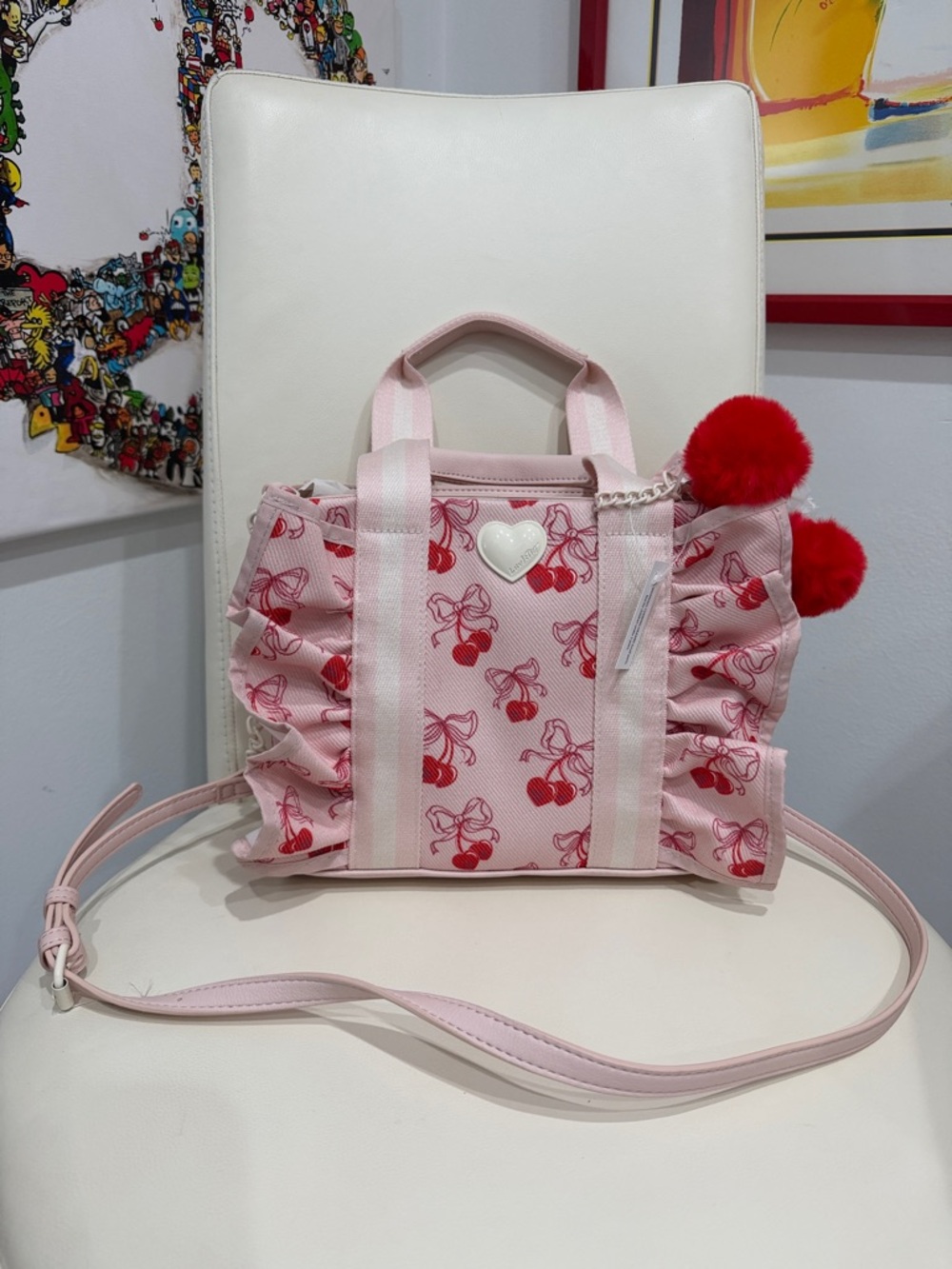 Betsey Johnson Pink/White Cherry ❤️Ruffle Crossbody Bag with Red Pom Poms